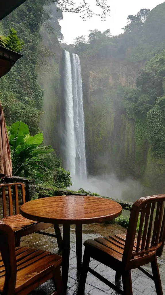 Here's a description of the image:

A captivating view of a waterfall is the backdrop for a cozy outdoor seating arrangement.  A round, dark-wood table sits on a stone patio, surrounded by two simple wooden chairs. Rain glistens on the table's surface, reflecting the misty waterfall cascading down a lush, green cliff face.  The scene is tranquil and verdant, the misty atmosphere adding to its serene ambiance.  Part of a covered patio is visible in the upper left corner, suggesting a comfortable outdoor café or restaurant setting with a breathtaking natural view.