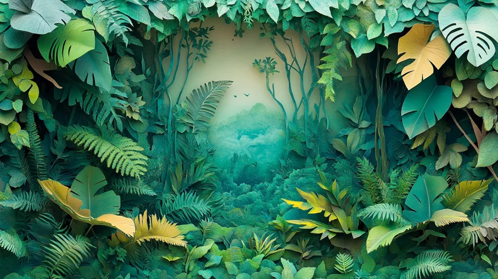 This image is a meticulously crafted piece of paper art depicting a lush, vibrant jungle scene.  Layers of intricately cut and colored paper create the illusion of depth and texture, forming various tropical plants and foliage. A glimpse of a misty, mountainous landscape is visible through a central opening in the dense greenery, suggesting a path leading into the heart of the jungle. The overall effect is one of serene beauty and exquisite detail, showcasing the artist's skill in paper sculpture.