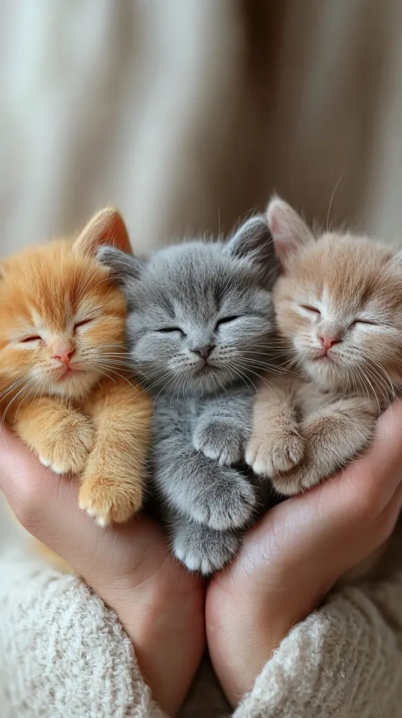 Here's a description of the image:

Two adorable orange kittens and one grey kitten are nestled together, their eyes closed in peaceful slumber.  They are cradled gently in a person's hands, their tiny paws tucked neatly beneath them.  The kittens' soft fur contrasts beautifully, creating a heartwarming scene. The person's hands and arms are partially visible, clad in a light beige, knit sweater. The background is a blurred, out-of-focus cream color, ensuring the focus remains on the sweet feline trio.  The overall image evokes feelings of warmth, comfort, and unconditional love.