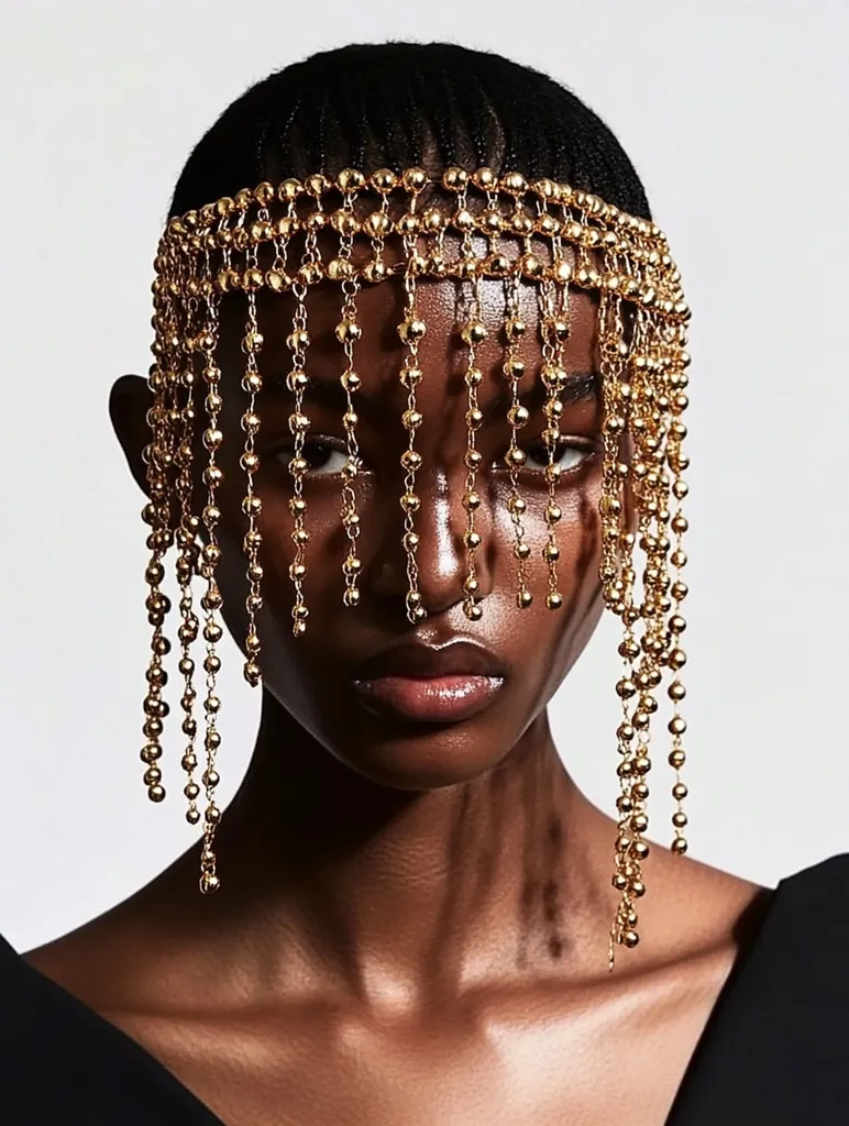 Close-up of a Black woman's face partially obscured by a striking gold headpiece.  The headpiece is a band adorned with numerous dangling chains of small golden beads, creating a curtain-like effect that veils her eyes and forehead.  Her dark skin and tightly braided hair contrast beautifully with the opulent gold.  The overall image evokes a sense of elegance and mystery.