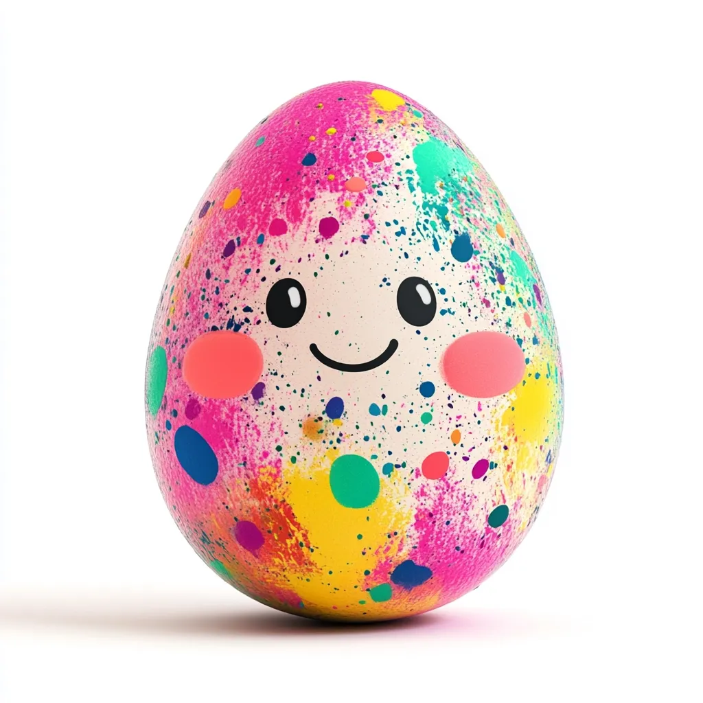 Here's a description of the image:

A vibrantly colored Easter egg takes center stage against a stark white backdrop.  The egg's surface is a delightful explosion of pink, yellow, teal, and blue paint splatters, creating a dynamic, almost Jackson Pollock-esque effect.  Superimposed on this colorful chaos is a simple, hand-drawn cartoon face: large, dark eyes, rosy cheeks, and a cheerful, upturned smile. The egg's overall impression is one of playful joy and festive cheer.