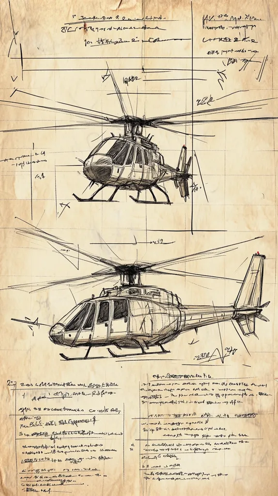 Here's a description of the image:

The image is a stylized technical drawing, appearing as aged parchment, depicting two helicopters from different angles. The sketches are detailed, including rotors, fuselage, and landing gear, rendered in ink on a background filled with handwritten notes and technical specifications, creating a sense of a design blueprint or engineering notes. The text is illegible but adds to the aged, historical feel. The overall style suggests a vintage or classified document.