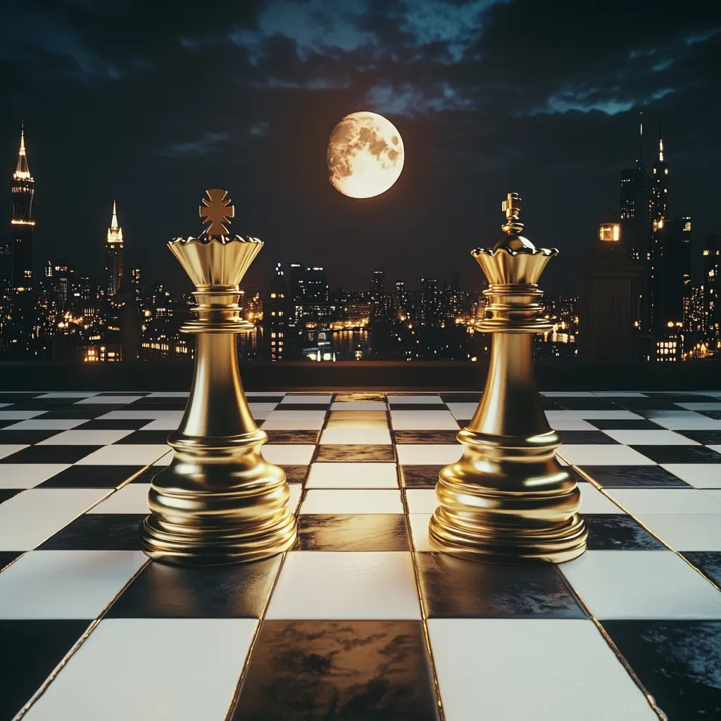 Two golden chess pieces, a king and queen, stand on a rooftop chessboard overlooking a glittering cityscape at night.  A large, full moon illuminates the scene, casting a dramatic glow on the polished gold of the chess pieces. The urban backdrop adds a sense of scale and power, mirroring the importance of the chess pieces in the game of strategy they represent.  The image evokes a feeling of contemplation and strategic planning.