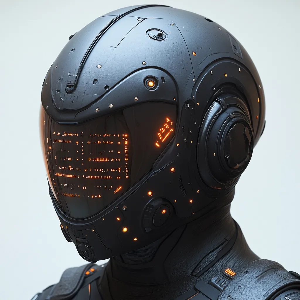 The image shows a close-up of a futuristic, dark gray helmet.  The helmet's visor displays glowing orange circuitry, suggesting advanced technology.  Small, dark orange lights are embedded across the helmet's surface, adding to its technological aesthetic. The helmet is sleek and angular, with a design emphasizing functionality.  A portion of the wearer's armored suit is visible, continuing the dark, utilitarian style. The overall impression is one of advanced military or space exploration equipment.