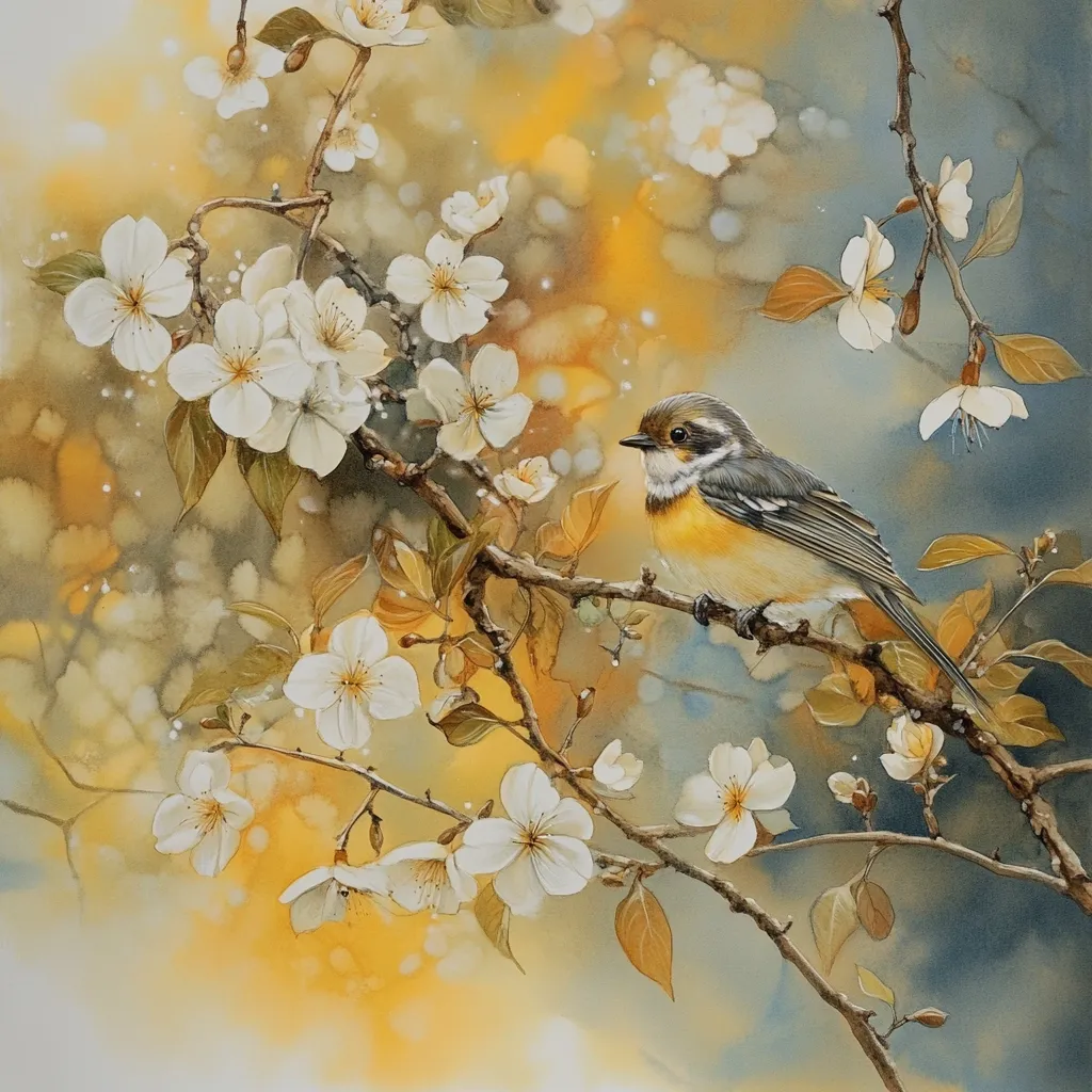 A watercolor painting depicts a small, yellow-breasted bird perched on a branch of a blossoming tree.  The bird is rendered with delicate detail, its plumage showing subtle variations in tone.  The tree is laden with white flowers, and the background is a soft, diffused wash of yellows and grays, suggesting a springtime scene.  The overall impression is one of gentle beauty and serenity.  The style is realistic but with a romanticized, soft focus.