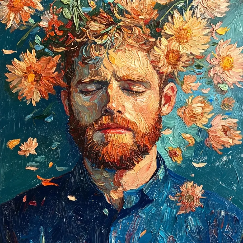 A vivid oil painting depicts a bearded man with his eyes closed, surrounded by a crown of peach-colored flowers.  The flowers, rendered in thick, impasto strokes, cascade down his shoulders and onto a dark teal background. The man's expression is serene, and the overall style evokes a feeling of peace and tranquility. The thick paint application adds texture and depth to the image, reminiscent of Van Gogh's style.  The color palette is warm and inviting, with contrasting blues and oranges creating a dynamic visual effect.