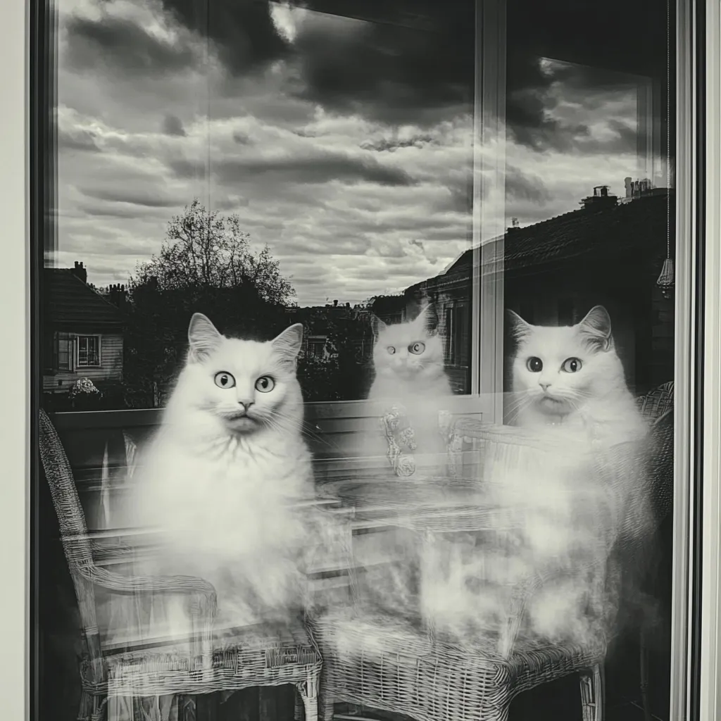 Here's a description of the image:

A black and white photograph shows three fluffy white cats seemingly seated at a wicker table and chairs, viewed through a window. The cats appear somewhat translucent, almost ghostly, blending with the reflection of a cloudy sky and suburban houses outside the window. The overall mood is serene yet slightly mysterious, with the hazy effect of the cats adding to the ethereal atmosphere. The contrast between the sharp details of the window frame and the softened features of the cats draws the viewer's focus to the feline subjects.