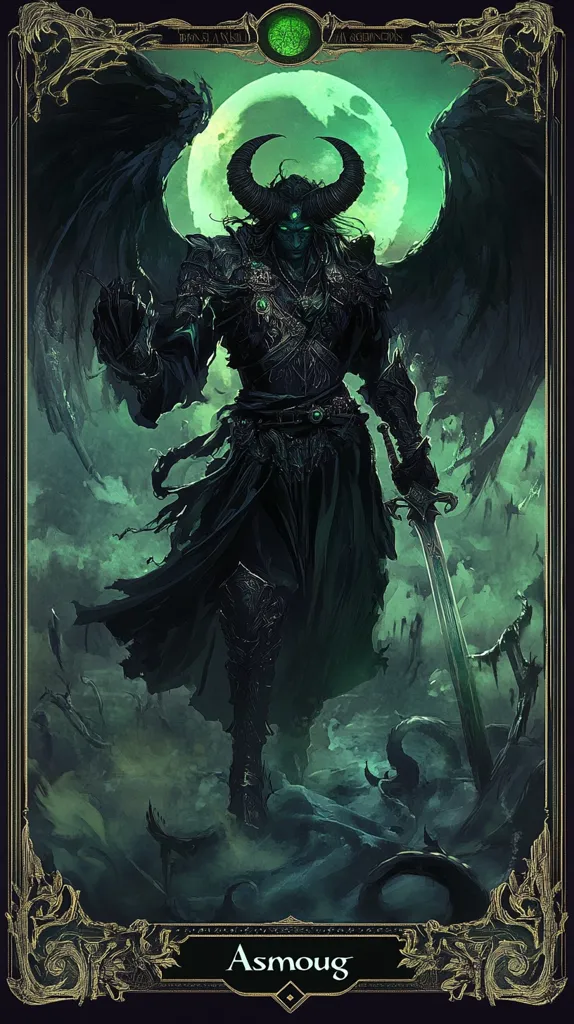 This is a digital illustration of Asmoung, a dark, demonic figure. He's depicted in ornate black armor, large black wings, and horns, his skin a darkish-green.  He holds a large sword and stands against a backdrop of a green moon and a desolate, swampy landscape. The image is framed with an elaborate, gold-colored border giving it the appearance of a card or poster. The overall mood is dark, ominous, and fantastical.