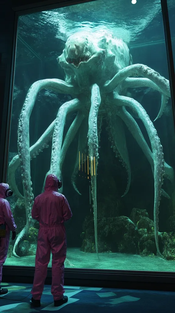 Two figures in pink hazmat suits stand before a large aquarium. Inside, a colossal, pale-grey creature resembling a giant squid dominates the scene.  Its numerous tentacles extend from a massive, grotesque head, filling most of the tank. The water is a murky teal, and the aquarium's base is partially visible, suggesting a rocky seabed. The overall atmosphere is one of awe and apprehension.
