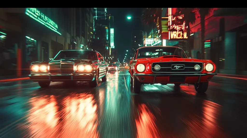 Here's a description of the image:

The image is a dynamic, nighttime shot of two classic cars speeding down a rain-slicked city street. A vibrant red Ford Mustang leads the way, its headlights cutting through the downpour.  Behind it, a dark-colored sedan, possibly a Mercedes-Benz, follows closely. Neon signs illuminate the city backdrop, creating a vibrant, almost surreal atmosphere. Motion blur emphasizes the speed of the cars, adding to the sense of excitement and energy. The overall aesthetic is sleek and cinematic, evoking a feeling of a high-speed chase or a thrilling night drive.