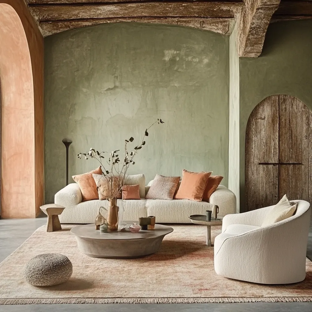 A serene living room features a cream-colored sectional sofa adorned with coral and neutral pillows.  A large, low circular coffee table sits centrally, showcasing a vase of dried branches and decorative objects.  A matching cream armchair is positioned to the right, complementing the neutral palette.  The room boasts a textured sage-green wall and rustic wooden ceiling beams, creating a warm and earthy atmosphere. A woven rug anchors the seating area, completing the calm and sophisticated design.