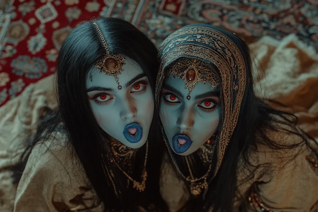 Here's a description of the image:

High-angle, close-up view of two women with striking makeup and elaborate headwear. They appear to be costumed, possibly for a fantasy or theatrical production. Their skin is painted a pale blue-grey, their eyes are intensely red, and they both have their tongues slightly sticking out. They wear ornate gold headpieces and necklaces reminiscent of South Asian or Middle Eastern styles, set against a backdrop of a rich red and gold carpet.  Their long black hair frames their faces. The overall mood is dark, mysterious, and slightly unsettling.