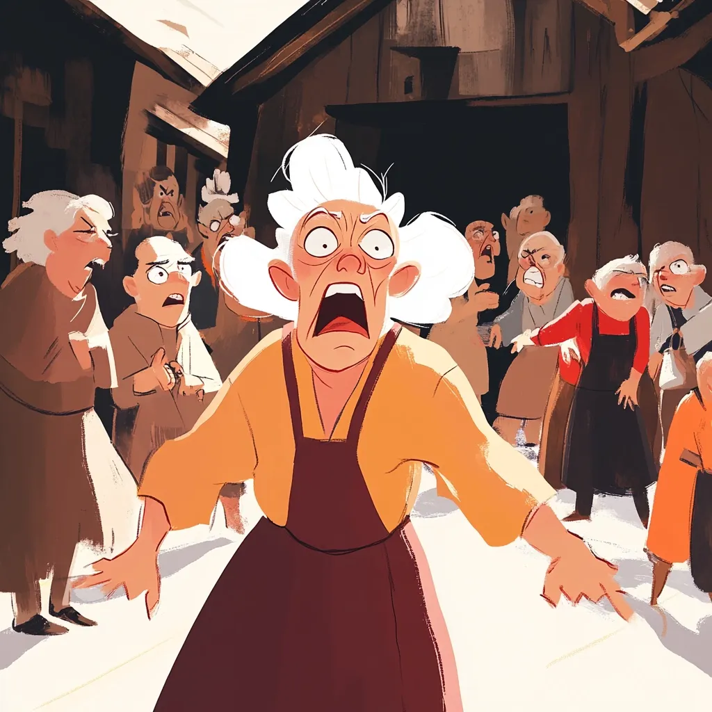 The illustration depicts a terrified elderly woman with white hair, center stage, surrounded by a crowd of older adults. Their expressions range from angry to fearful. The woman's mouth is open in a silent scream, her eyes wide with alarm.  The setting appears to be an open area outside a rustic wooden building.  The overall style is cartoonish, with exaggerated features and muted earth tones.  The scene evokes a sense of tension and impending chaos.