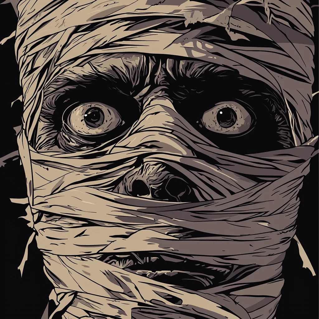 Here's a description of the image:

The image is a close-up illustration of a mummy's face. The mummy is depicted in a stylized, almost comic-book-like manner, with strong lines and shading to create a sense of depth and texture.  Its face is partially obscured by aged, tattered bandages, with only the eyes and parts of the nose and mouth visible. The eyes are wide and intense, conveying a feeling of menace or horror. The overall color palette is muted, consisting primarily of sepia tones, enhancing the image's vintage or classic monster movie aesthetic.  The style suggests a classic horror theme, reminiscent of vintage movie posters or illustrations.