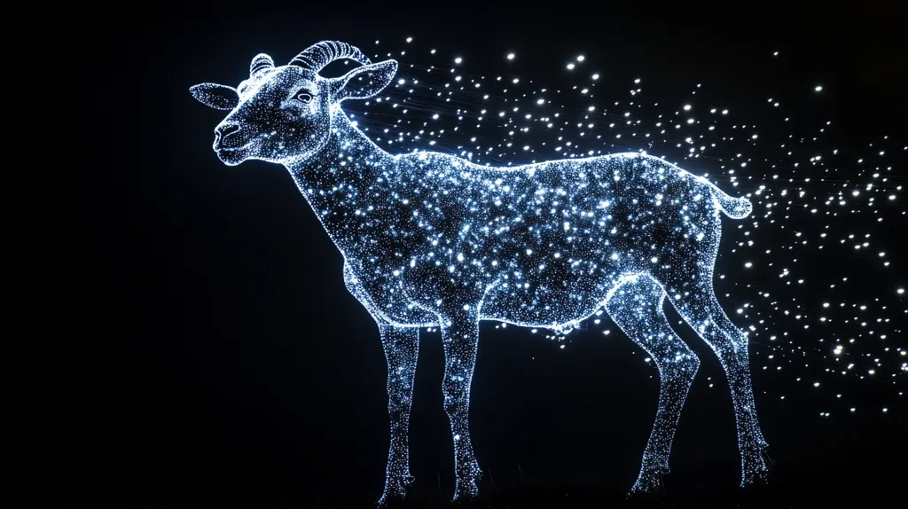 Here's a description of the image:

The image shows a luminous goat, seemingly made of countless tiny, sparkling lights, against a completely black background.  The goat is depicted in profile, facing left, with its form outlined by the bright points of light.  A trail of similar sparkling lights streams from its body, suggesting movement or perhaps stardust. The overall effect is ethereal and dreamlike, like a constellation shaped as an animal. The style evokes a feeling of magic or wonder.