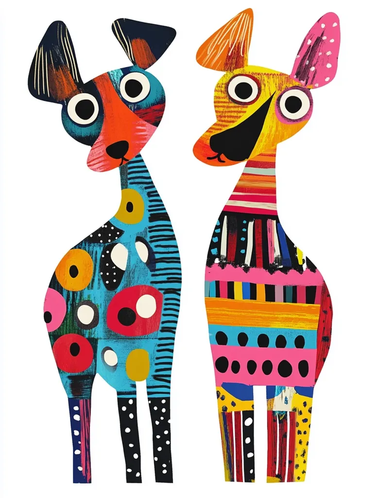 Here's a description of the image:

The illustration showcases two stylized dogs positioned side-by-side against a white backdrop.  Rendered in a vibrant, collage-like style, each dog boasts a unique, bold pattern.  One dog is predominantly teal and orange, adorned with circles and dots, while the other is a blend of yellow, pink, and red, featuring horizontal stripes and polka dots. Their large, expressive eyes and simplified features lend them a playful, whimsical quality.  The overall effect is one of joyous, abstract expressionism.