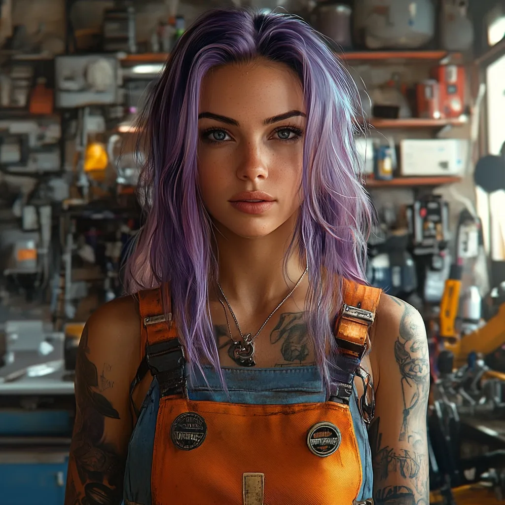 A young woman with vibrant purple hair and intricate tattoos on her arms is the focus of the image.  She's wearing orange overalls, a silver necklace, and has a serious, direct gaze. The background is a cluttered workshop, suggesting a mechanic or similar trade.  The overall style is digitally rendered, with a hyperrealistic quality to the woman's features and hair.  Her expression is confident and engaging, drawing the viewer's attention.