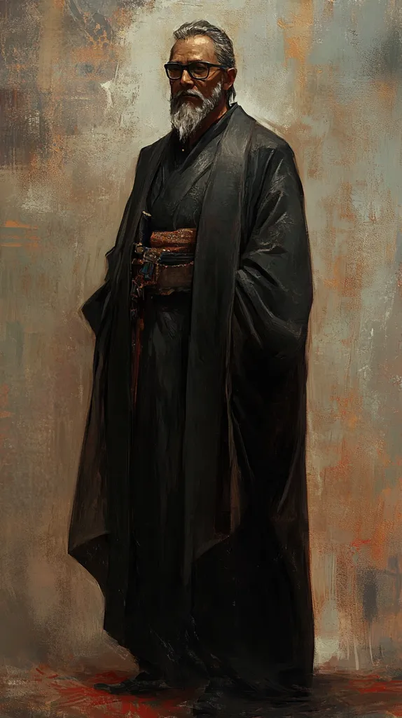 The painting depicts an older man with a graying beard and glasses, dressed in a long, dark robe reminiscent of a kimono. He wears a dark-colored obi around his waist and what appears to be a katana strapped to his side. The man’s expression is serious and somewhat austere. The background is a muted palette of browns and grays, with a textured, almost painterly style that gives it depth. The overall mood is one of quiet dignity and possibly hidden strength.