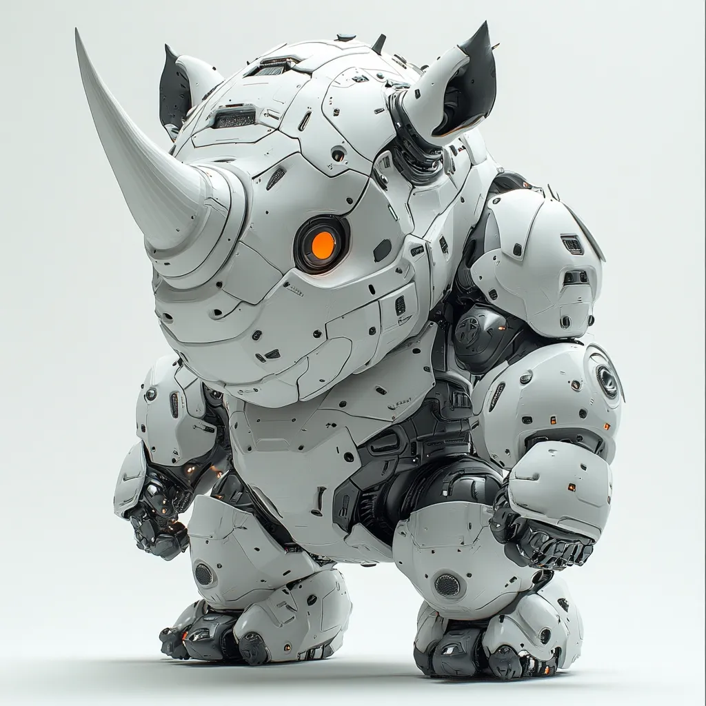 The image shows a meticulously detailed 3D rendering of a robotic rhinoceros.  The robot is predominantly white, with segmented armor plating and visible mechanical joints.  Orange lights illuminate the eyes and joints, adding a futuristic aesthetic.  Its design blends organic rhino features with a heavily armored, mechanical body, creating a unique and appealing blend of cute and imposing. The robot stands on a plain white background, highlighting its intricate details.