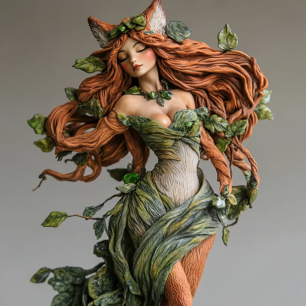Here is a description of the image:

The image shows a meticulously crafted statue of a female figure, possibly a dryad or forest spirit. She possesses long, flowing auburn hair styled like twisting branches, and fox ears peek from beneath her hair. Her dress, crafted from sculpted leaves and vines, drapes over a form that hints at fox-like features on her lower body.  She is adorned with green gemstone accents, enhancing her mystical appearance.  The statue's earthy tones and delicate detailing give the impression of natural growth and grace.  The overall style is highly artistic and fantastical.