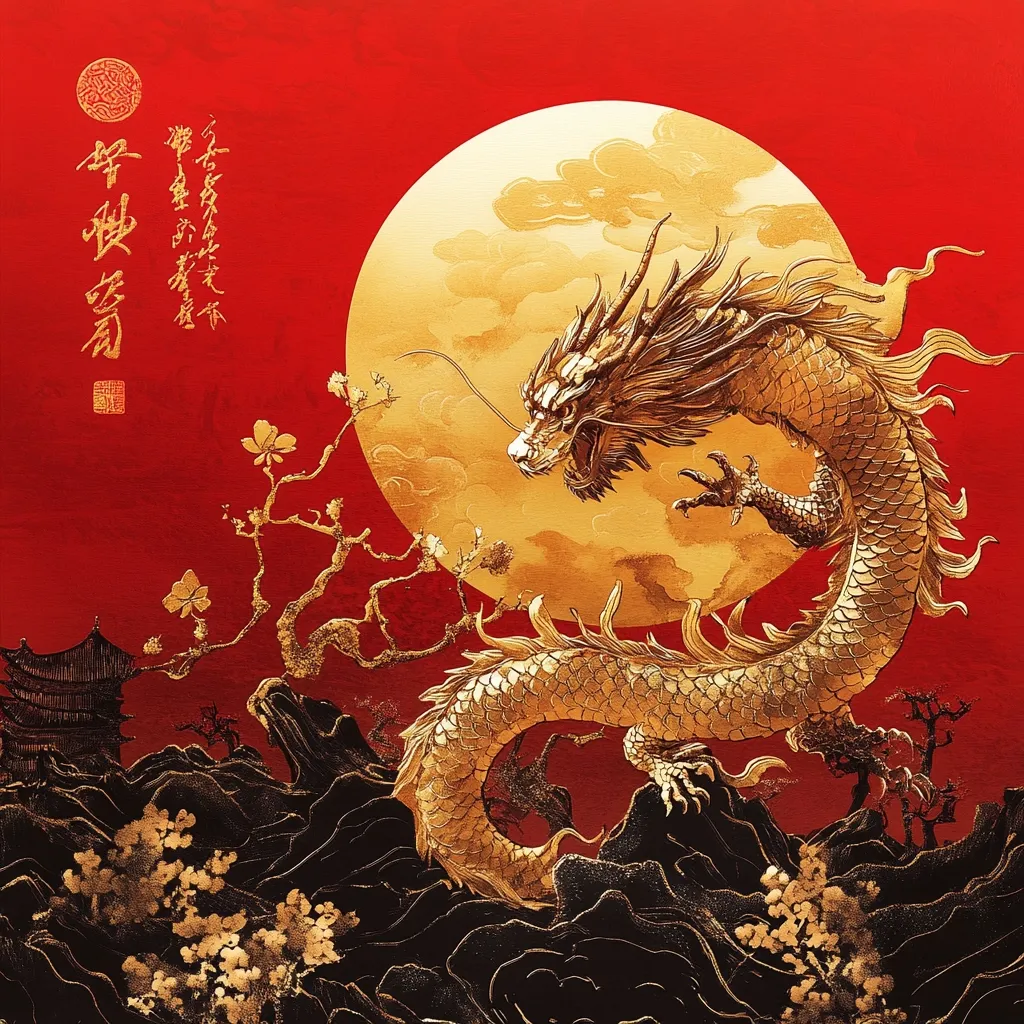 A majestic golden dragon, rendered in exquisite detail, dominates the image, set against a backdrop of a large, golden moon on a vibrant red canvas.  The dragon, powerful and dynamic, appears to be in mid-leap.  The scene is embellished with stylized black mountains, delicate gold flowering branches, and a small pagoda, all contributing to an air of traditional Asian artistry and mythology.  Calligraphy in gold further enhances the rich cultural context. The overall effect is one of vibrant opulence and mythical power.