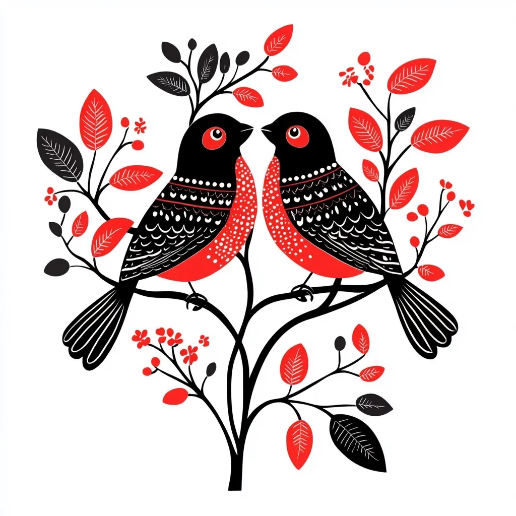 Here's a description of the image:

The image is a stylized illustration of two birds perched on a flowering branch. The birds are predominantly black and red, with intricate patterns on their bodies. They face each other, suggesting a romantic or paired image.  The branch is decorated with red and black leaves and berries, creating a symmetrical and balanced composition against a white background. The style is reminiscent of folk art or graphic design, using bold colors and shapes. The overall feel is whimsical and charming.