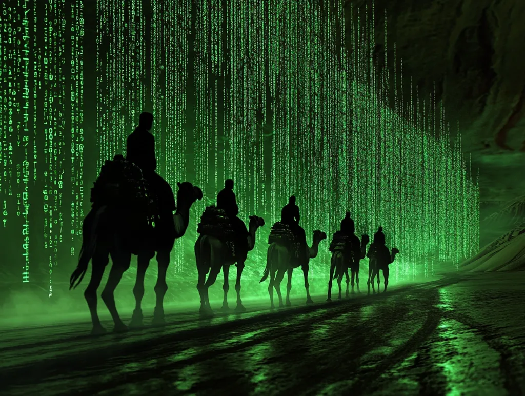 Here's a description of the image:

A digitally-created scene depicts a caravan of four camels, each carrying a silhouetted rider, traversing a desolate landscape.  A cascading wall of green digital code, reminiscent of the Matrix film series, forms an eerie backdrop. The camels and riders are stark black against the luminous green, creating a strong visual contrast.  The overall atmosphere is dark, mysterious, and subtly suggests a journey into the unknown or a digital realm. The setting appears to be a vast, possibly desert-like expanse under a dark, possibly nighttime sky.