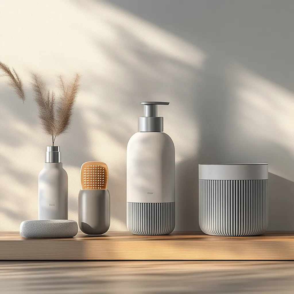 Here's a description of the image:

The photo shows a minimalist bathroom arrangement on a light wood shelf.  Three muted grey items are the focal point: a ribbed soap dispenser, a smaller ribbed container, and a grey cylindrical brush with a natural bristle top.  A smaller, plain white bottle with a minimalist label sits beside a small, light grey stone.  A vase of dried pampas grass adds a touch of natural texture.  The overall aesthetic is clean, modern, and calming, enhanced by soft, natural light creating shadows on the wall.