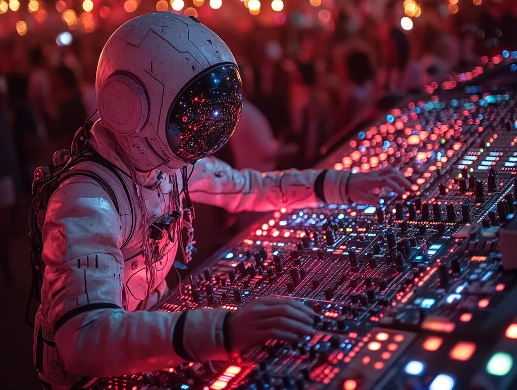 An astronaut in a futuristic spacesuit is shown working a large sound mixing board.  The board glows with red and blue lights, mirroring the blurry lights of a large crowd in the background. The astronaut's helmet reflects a starry night sky, creating a surreal and otherworldly atmosphere. The overall image suggests a blend of space exploration and music production, with a vibrant and energetic feel.