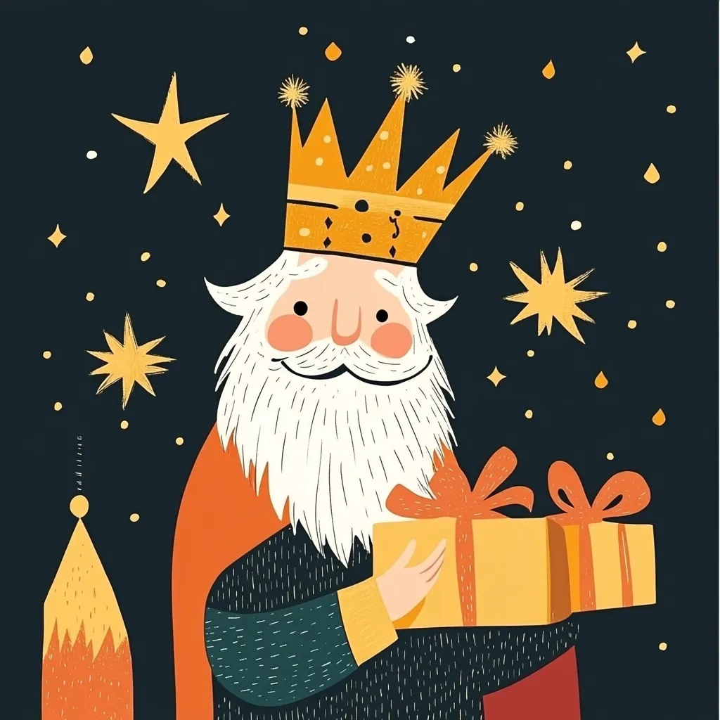 A stylized illustration depicts a jovial king, adorned with a golden crown and long white beard, against a dark background speckled with gold stars. He holds a gift-wrapped box, its orange hue contrasting with the dark setting. The king's attire is a mix of dark green and orange, and his expression is friendly and welcoming. The overall style is playful and reminiscent of children's book illustrations. A suggestion of a Christmas tree top or star is visible in the lower left corner.