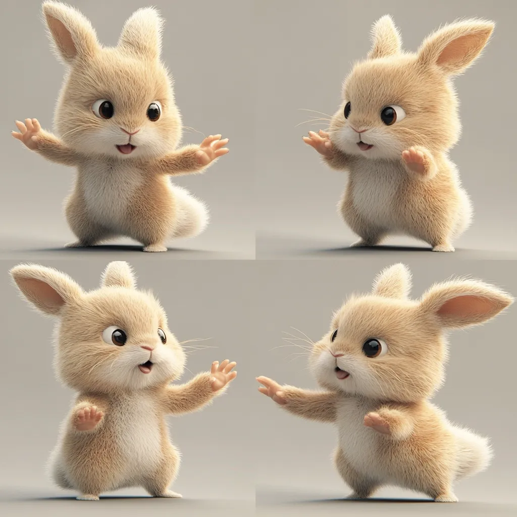 Here's a description of the image:

The image shows four variations of a 3D-rendered, cartoonish bunny rabbit.  Each bunny is light tan with fluffy fur, large expressive eyes, and a surprised or happy expression.  They are posed in slightly different dynamic stances, with their paws outstretched as if reaching or playing.  The background is a neutral light gray, emphasizing the bunnies. The overall style is cute and appealing, suitable for children's media or animation.