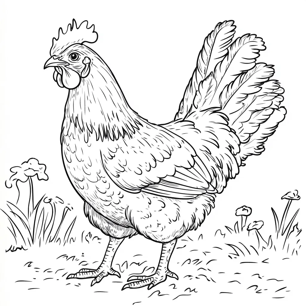 Here's a description of the image:

The image is a detailed line drawing of a hen standing in a grassy area. The hen is depicted in profile, facing left, showing its feathered body, prominent comb, and wattle. Its tail feathers are fully extended, exhibiting intricate detail. The grass is simply rendered with short lines suggesting blades of grass and small flowers. The style is reminiscent of vintage illustrations or coloring book art, with clean lines and a focus on accurate representation of the bird's features. The overall impression is one of a calm and detailed depiction of a hen in its natural environment.