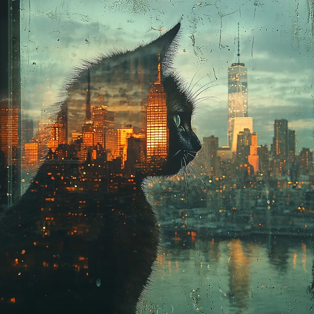 Here's a description of the image:

The image is a striking digital artwork depicting a black cat sitting by a window, gazing out at a cityscape at sunset or sunrise. The cat's silhouette is partially superimposed with the city's lights and buildings, creating a surreal, dreamlike effect. The cityscape is recognizable as New York City, with the One World Trade Center prominent in the background. The overall mood is melancholic yet beautiful, highlighting the contrast between the domestic cat and the vast urban landscape. The textured window adds a vintage feel.