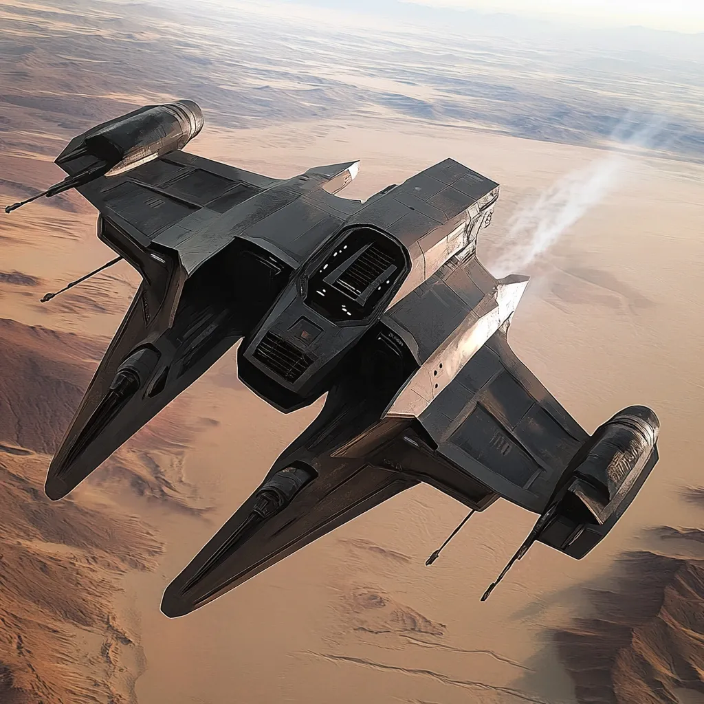 A sleek, dark-grey spaceship, possibly a fighter jet, dominates the image. Its design is angular and futuristic, with visible engine exhaust trailing behind.  The craft is shown in a low-angle shot, soaring above a vast, sandy desert landscape under a hazy sky. The desert stretches to the horizon, creating a striking contrast to the spaceship's sharp lines and dark coloration. The overall impression is one of speed, power, and a sense of adventure in a barren, extraterrestrial environment.