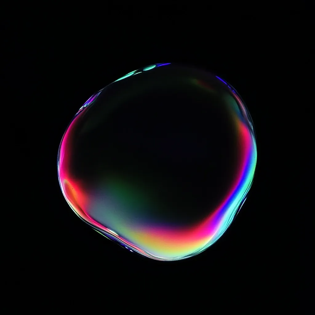 The image shows a close-up of a single, iridescent bubble against a completely black background.  The bubble is irregularly shaped, slightly oblong, and its surface displays a vibrant spectrum of colors, primarily greens, blues, pinks, and reds, shifting and blending along its contours.  The interior of the bubble appears dark and almost opaque, with the light refracting and reflecting on its outer surface to create the colorful effect.  The overall impression is one of fluidity, light, and vibrant, almost otherworldly beauty.