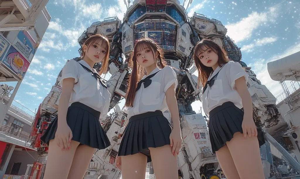 Three girls in identical sailor-style school uniforms stand before a massive, imposing robot.  The robot is predominantly white and grey, with intricate details, and appears to be a piece of public art or a structure at a theme park. The girls are positioned from a low angle, making the robot appear even larger. The sky is bright blue with a few scattered clouds, creating a striking contrast with the scene. The overall aesthetic is a blend of anime-inspired fashion and a futuristic, possibly post-apocalyptic setting.
