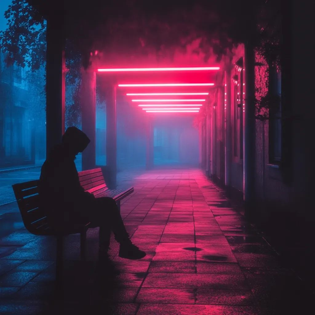A solitary figure, hooded and silhouetted, sits on a park bench under a neon-lit arcade.  The scene is bathed in a contrasting palette of cool blues and vibrant pinks, emanating from the glowing tubes overhead.  Fog hangs heavy in the air, adding to the atmospheric and slightly melancholic mood of the image. The wet pavement reflects the neon glow, creating a surreal, almost cinematic effect.  The overall impression is one of solitude and urban mystery.