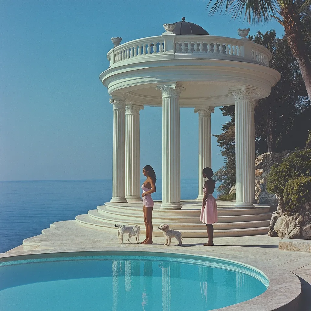 Two women in pink attire stand near a classic white gazebo overlooking a tranquil ocean.  The gazebo, with its elegant columns and balustrade, sits atop a tiered stone structure beside an inviting turquoise pool. Two small white dogs are near the women. The scene is serene, bathed in sunlight against a clear blue sky, evoking a sense of luxury and tranquility.  Palm trees are visible in the background.