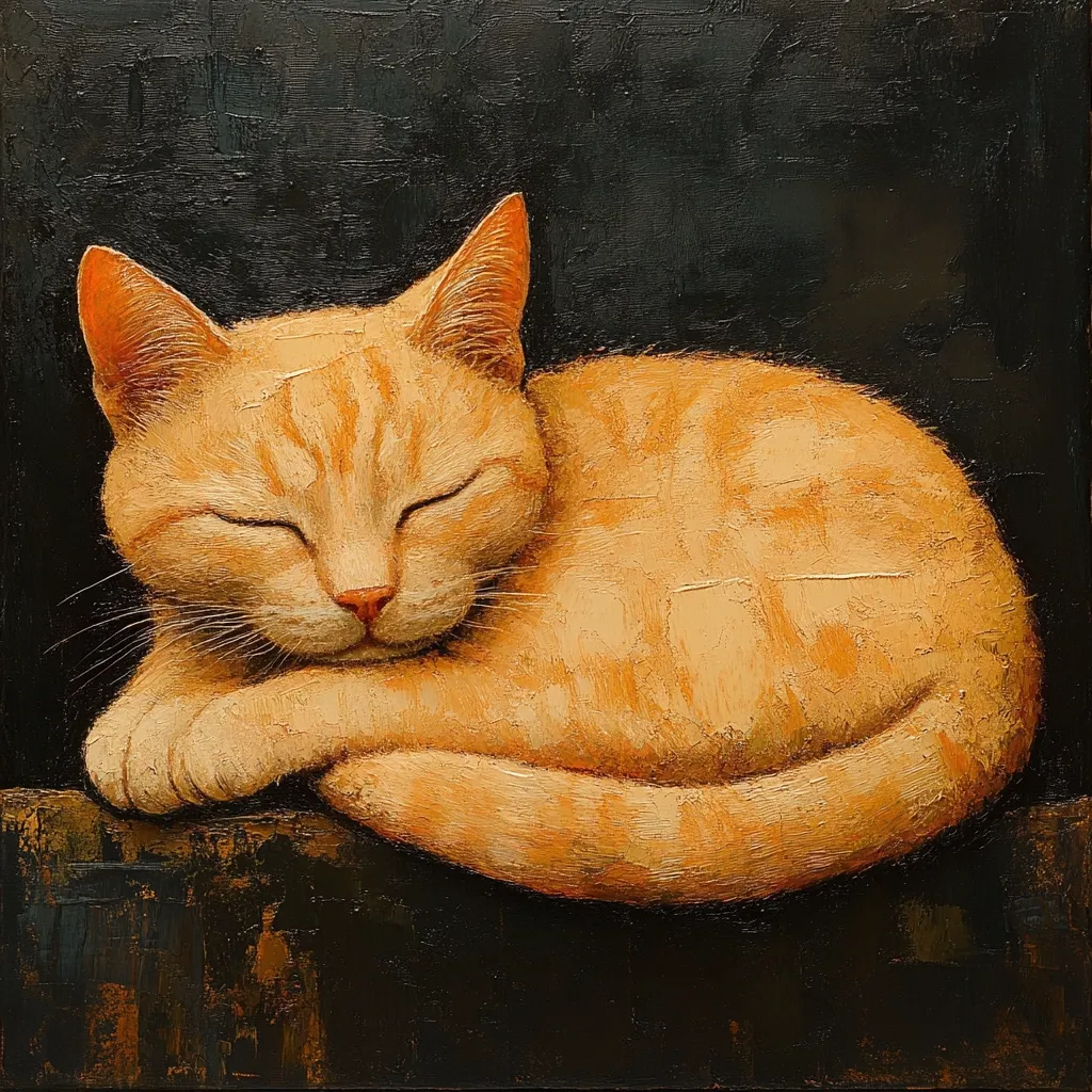 An orange tabby cat is the focus of this impasto oil painting. The cat is curled up asleep, its eyes closed peacefully. Its fur is rendered with thick, textured brushstrokes, giving it a lifelike quality. The background is a dark, almost black, contrasting sharply with the cat's vibrant fur. The overall style suggests a classical or realist approach to pet portraiture.  The dark background emphasizes the cat, making it the central and sole focus of the piece.