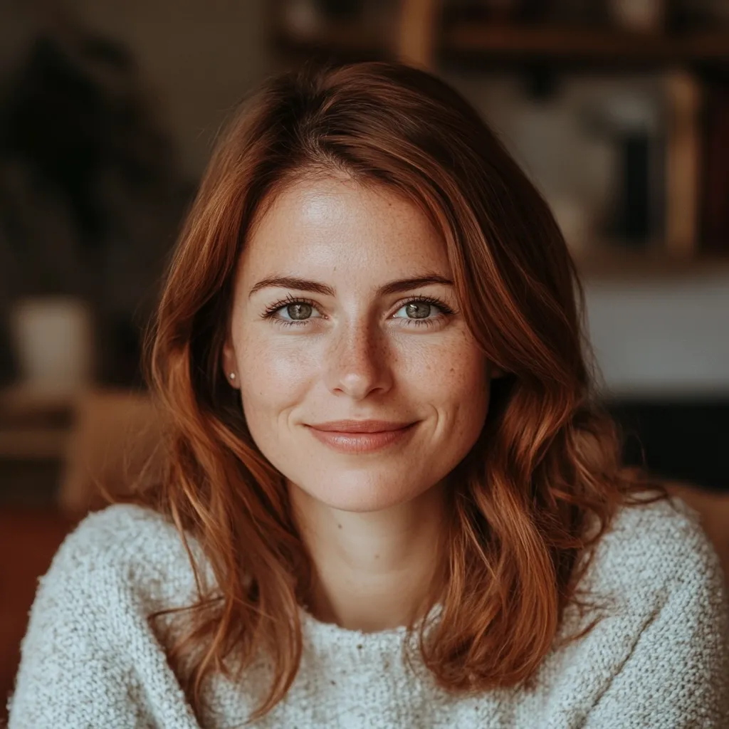 Close-up portrait of a young woman with shoulder-length auburn hair and freckles.  She's wearing a light beige, knit sweater and has a soft, pleasant expression. Her gaze is directed at the camera, conveying a sense of warmth and approachability. The background is blurred, drawing focus to the subject's face and features. The overall mood is calm and intimate.