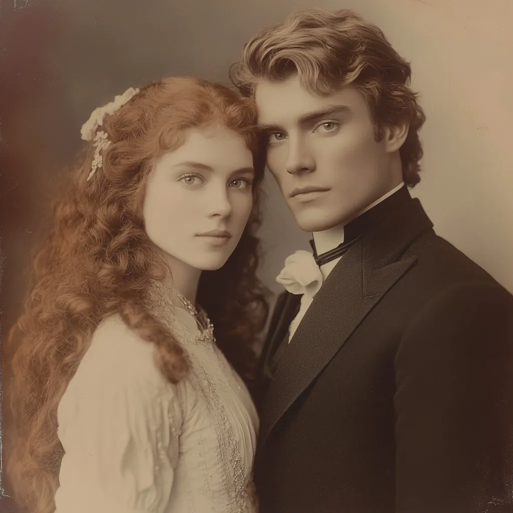 Here's a description of the image:

A sepia-toned portrait captures a young couple, intimately close. The woman, with vibrant red, curly hair adorned with a delicate floral hairpiece, wears a light-colored, lacy dress. Her expression is serene and demure. The man, with styled, light brown hair, is dressed in a dark formal suit with a crisp white collar and bow tie, his gaze directed slightly away from the camera. His posture is confident and protective as he stands slightly behind the woman. The image evokes a romantic, nostalgic atmosphere, suggestive of a period piece or a formal engagement photograph. The background is a muted, unfocused tone that draws the viewer's attention to the couple.