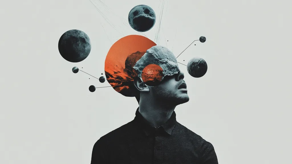 A surreal digital artwork depicts a man's head, partially obscured by a rocky, moon-like texture.  An orange orb, resembling a celestial body or sun, forms a halo behind his head.  Several smaller, dark planets orbit around him, connected by thin lines, suggesting a cosmic connection to his mind.  The overall aesthetic is dark, moody, and evocative of introspection and the vastness of space.  The man gazes upward, conveying a sense of wonder or contemplation.