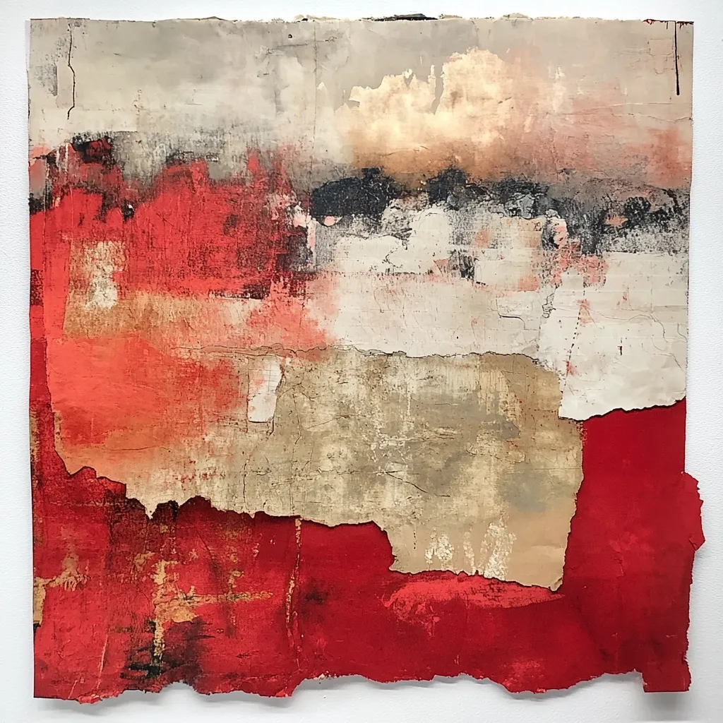 This abstract artwork features a predominantly red and beige color palette.  Layers of paint and possibly collaged materials create a textured surface with areas of visible cracks and tears, suggesting a sense of age or decay.  The upper portion is lighter, with muted beige and gray tones, while the lower half is dominated by deep reds.  The overall effect is one of both dynamism and quiet contemplation, with the interplay of color and texture evoking a landscape or geological formation.