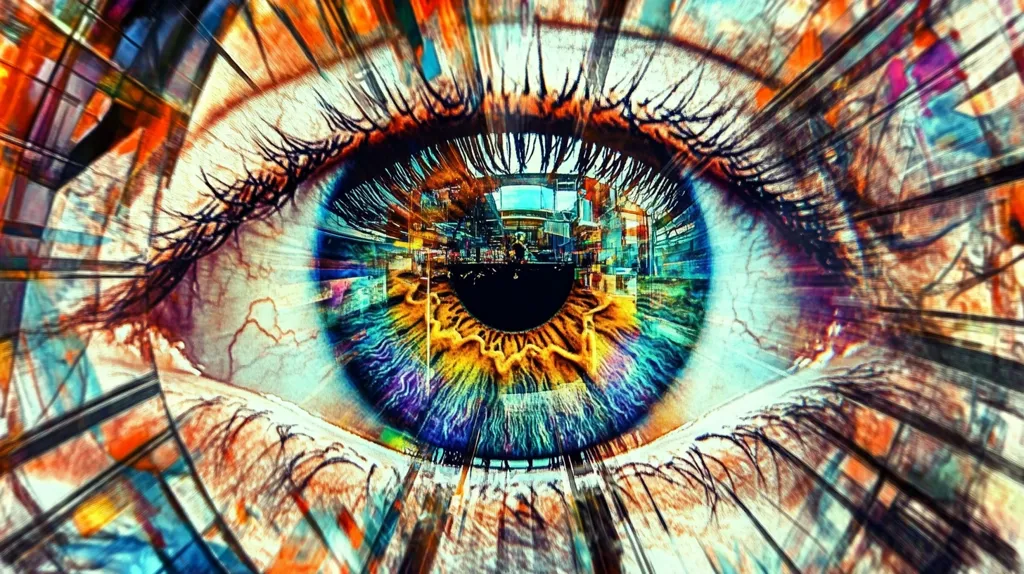 Here's a description of the image:

The image is a vibrant, abstract close-up of an eye.  The iris is a kaleidoscope of blues, purples, yellows, and oranges, reflecting a distorted cityscape within its depths. The eyelashes are long and dark, contrasting against the bright, multicolored background.  The overall effect is one of intense energy and movement, with radiating lines and fragmented imagery creating a sense of speed and visual overload.  The style is surreal and psychedelic, evoking feelings of depth and complexity.