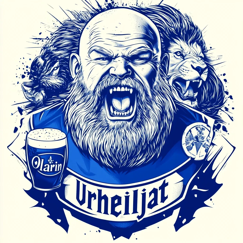 Here's a description of the image:

The illustration is a stylized, blue-toned portrait of a powerfully built, bald, bearded man with a ferocious expression, his mouth open in a roar.  Flanking him are the heads of a wolf and a lion, also roaring, suggesting strength and ferocity. He's wearing a blue shirt, possibly a jersey, with a circular emblem on the shoulder. A pint of beer, labeled "Olarin," is depicted near his shoulder.  A banner below reads "Urheiljat" in a stylized font. The overall style is bold and graphic, with a grunge or ink-splatter effect in the background, giving the image a rough, powerful feel.