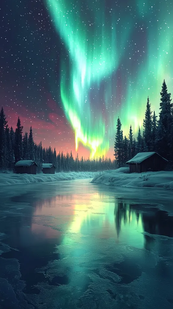 A breathtaking winter scene unfolds under a vibrant aurora borealis.  Teal and green lights dance across a star-studded night sky, reflecting in a partially frozen river.  Snow-covered cabins sit nestled amongst a dark evergreen forest, creating a tranquil and magical atmosphere. The stillness of the scene is emphasized by the mirror-like quality of the water, capturing the celestial display's ethereal beauty.