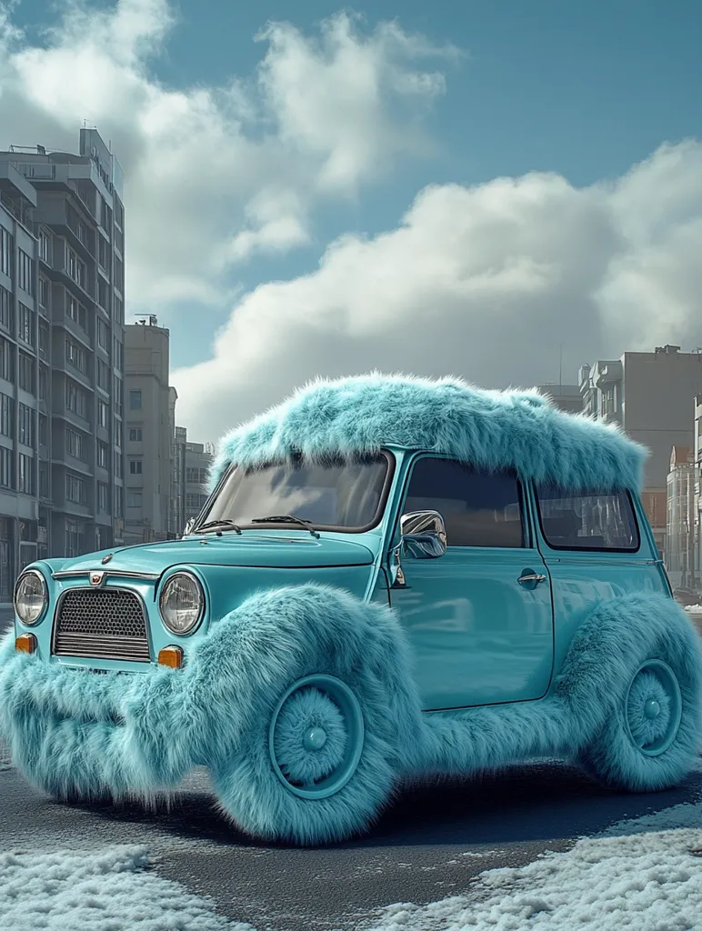 Here's a description of the image:

A light teal vintage car is entirely covered in fluffy, light blue fur.  The fur extends over the body, wheels, and even the grill. The car sits on a city street, partially covered in more of the same light blue fur, creating a snowy effect. Tall buildings form a backdrop under a partly cloudy sky. The overall impression is whimsical and surreal.