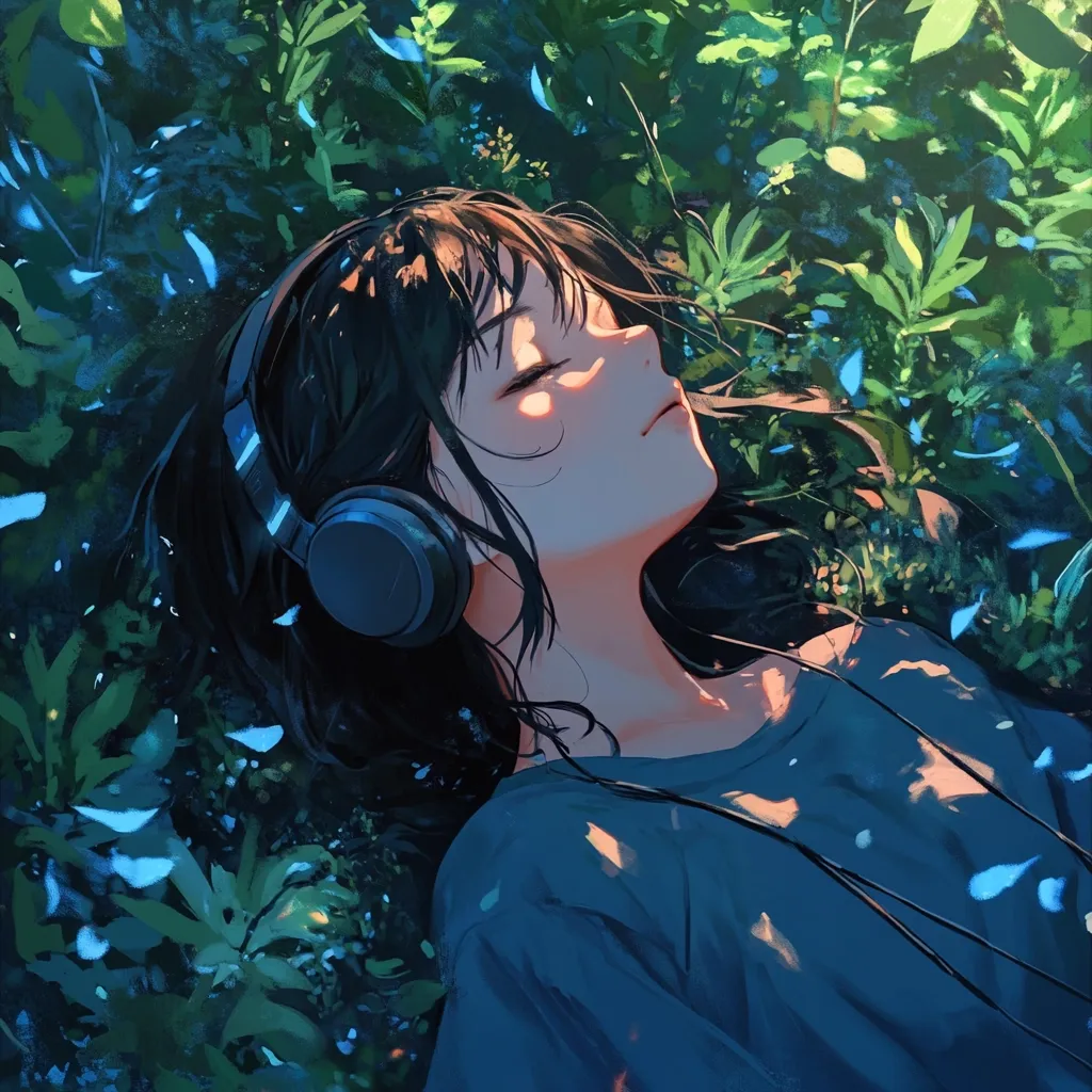 Here's a description of the image:

The illustration depicts a young woman with long, dark hair lying peacefully on her back amidst lush green foliage.  Sunlight dapples her face and shoulders. She wears over-ear headphones and a simple teal shirt, appearing serene and possibly asleep.  Small, light blue petals or particles drift around her, adding to the tranquil, dreamlike atmosphere of the scene. The overall style is soft, painterly, and reminiscent of anime art.