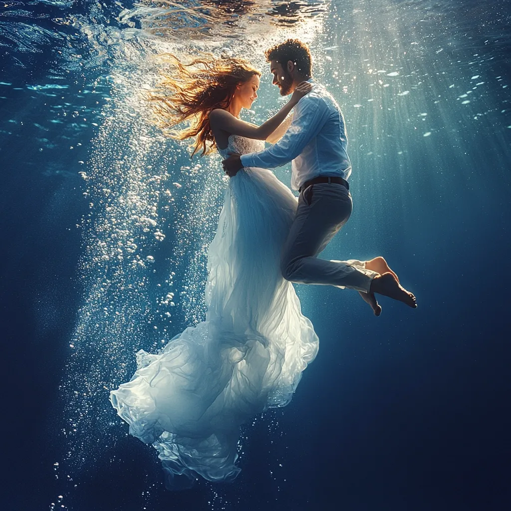 An underwater photograph captures a bride and groom embracing.  The bride, in a flowing white wedding gown, is held gently by the groom who is dressed in a light-colored shirt and trousers.  Bubbles rise around them, illuminated by shafts of sunlight penetrating the water. The scene is serene and romantic, evoking a sense of ethereal beauty and underwater tranquility. The couple's faces are close, suggesting intimacy and love.