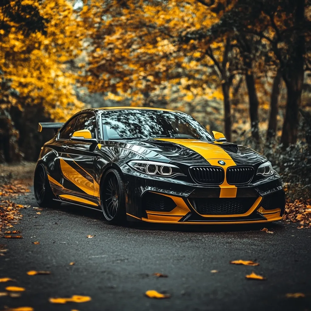 Here is a description of the image:

A sleek, black BMW M2 Competition, modified with a striking yellow racing stripe down its center, is the focal point. The car's aggressive design is highlighted by aftermarket wheels and a lowered suspension. The backdrop features an autumnal setting, with golden leaves scattered on the road and a blurred background of trees displaying vibrant fall foliage. The overall mood is one of sporty elegance and autumnal beauty, creating a visually captivating scene. The image's lighting and composition emphasize the car's details and the surrounding environment.